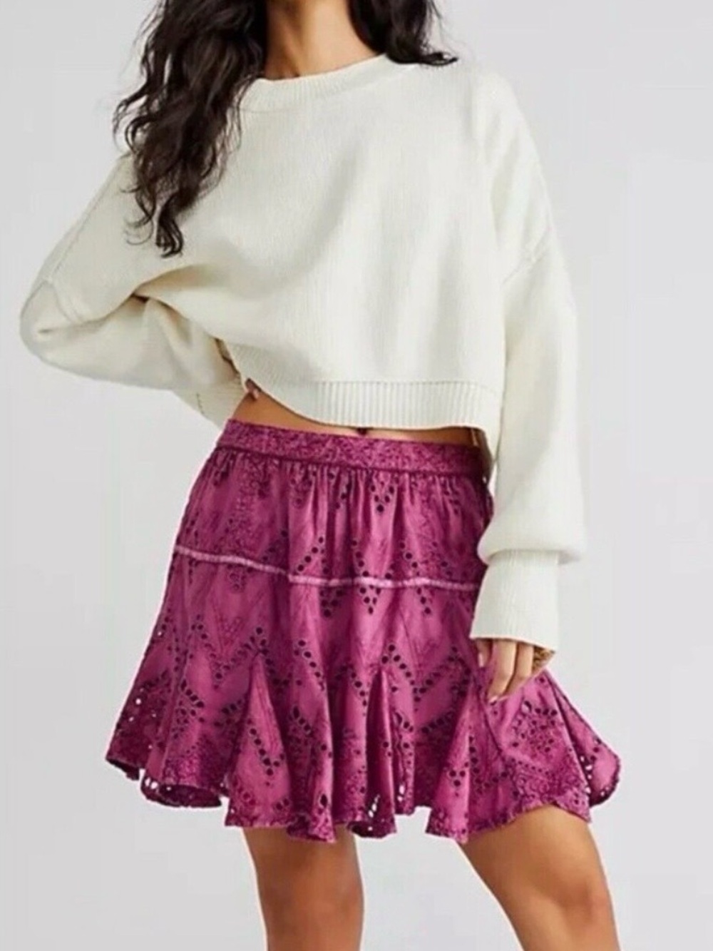 Free People Eyelet Tiered Skater Skort in Plum size small summer skirt boho